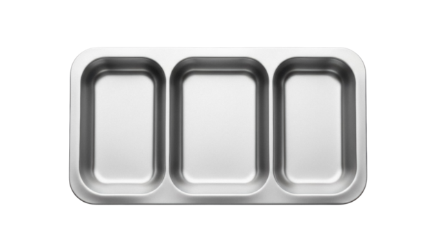 Stainless steel divided serving tray isolated on transparent PNG, three-compartment food container for portion control and meal prep