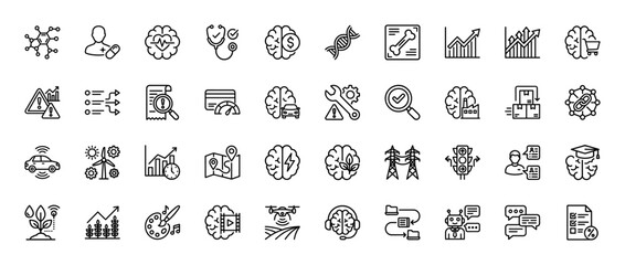 Artificial intelligence and technology line icon set. Vector pictograms of brain, drone, data, science, finance, medical, and industry, thin outline illustration.