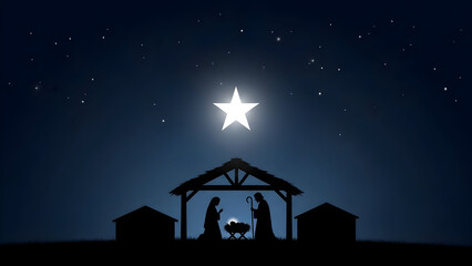 Nativity scene silhouette under glowing star with deep blue sky, representing Christmas, spiritual birth of Christ, serene religious holiday illustration, traditional festive artwork