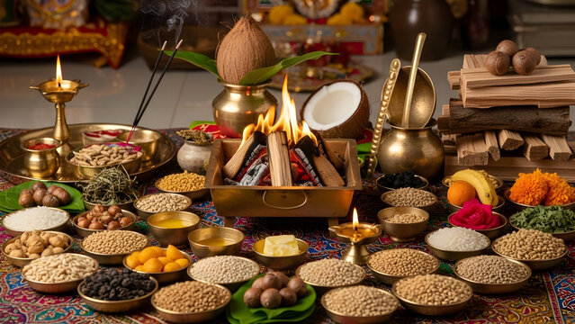Hindu fire ceremony arrangement with sacred offerings and ritual flames, representing devotion, spiritual worship, and traditional cultural practices, detailed religious illustration