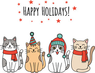 Cute cartoon cats wearing festive hats and scarves wish "Happy Holidays! " with red stars scattered around