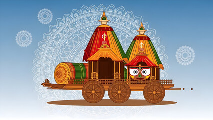 Obraz premium Ornate Jagannath Rath Yatra chariots illustrated on intricate mandala background, vibrant Hindu festival artwork, sacred ceremonial procession, traditional devotional illustration