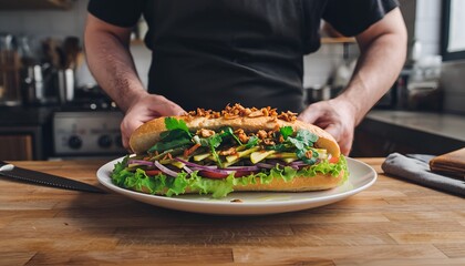 Chef presenting a fresh sandwich with various vegetables on a plate