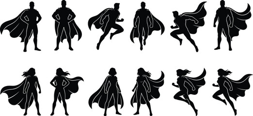 Superhero and Superwoman Silhouette Icons Set, Flying, Standing, and Action Poses, Heroic Figure in Cape, Comics, Power, Flat Vector Illustration
