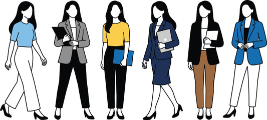 Six Business Women Walking in Various Professional Attire and Carrying Work Accessories, Representing Diverse Careers and Corporate Roles, Flat Vector Illustration