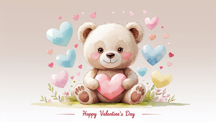 hygge-style valentine&rsquo;s day postcard featuring a cute stylized bear in warm pastel colors with soft heart elements and simple nordic decorative motifs