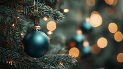 Obraz premium Elegant Dark Green Christmas Ornament Hanging on Pine Tree with Bokeh Lights.