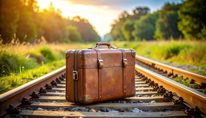 Vintage Suitcase on Railroad Tracks at Sunset Travel Concept. (1)