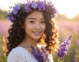 Beautiful young woman with flower crown standing in lavender field portrait