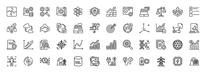 Technology and business line icon set. Vector pictograms of data analytics, security, finance, and industry, thin outline illustration.