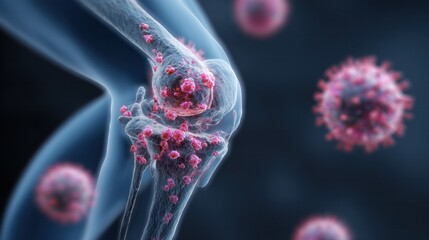Inflammation and Anatomy: A detailed, artistic representation of inflammation around a knee joint, highlighting its impact on the human body, capturing a focus on health and medical
