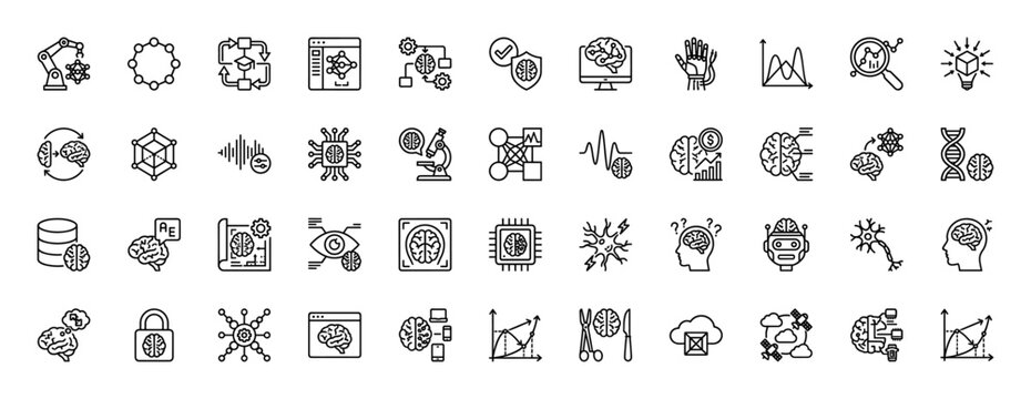 Artificial intelligence and machine learning line icon set. Vector pictograms of robotics, brain, chip, and data analysis, thin outline illustration.