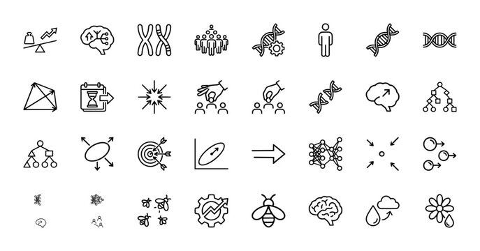 Science and data line icon set. Vector pictograms of dna, brain, chromosome, and target, thin outline illustration.