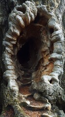Mystical cavernous hollow in aged bark revealing the heartwood of tree