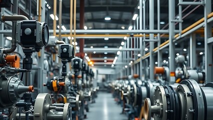Fototapeta premium Industrial factory interior showcasing detailed machinery under soft lighting.