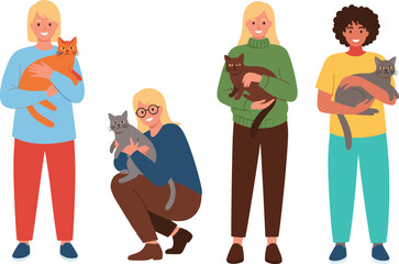 People with cats, cat lovers, pet owners, diverse characters, holding cats, cat affection, feline bond, animal care, pet companionship, cat cuddle, human pet bond