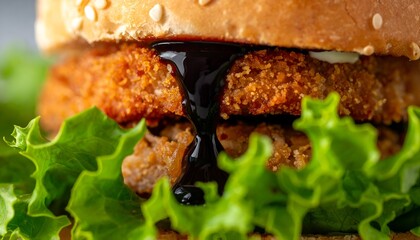 Close up of a delicious burger with lettuce and sesame bun on a light background