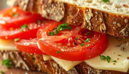 Close up of a delicious sandwich with fresh tomato and cheese filling