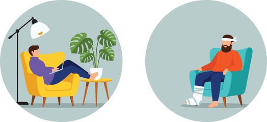 Men sitting at home vector illustration set showing relaxation injury recovery and calm lifestyle scenes in cozy interiors