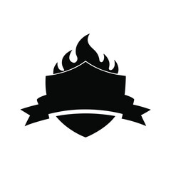 Burning shield crest icon symbolizing power strength and protective force Vector illustration