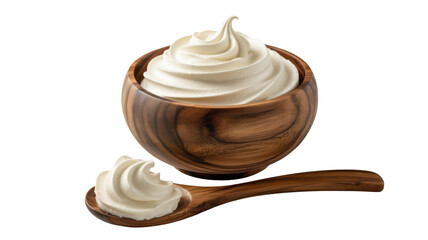 Creamy frosting swirl in wooden bowl and spoon transparent background