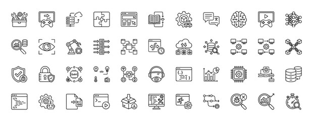 Fototapeta premium Information technology and programming line icon set. vector pictograms of data analysis, artificial intelligence, and software development, thin outline illustration.