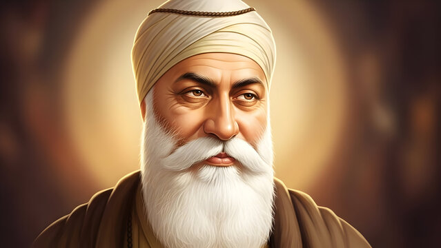 Close-Up Portrait of Guru Nanak Dev Ji with Gentle Wise Expression, Warm Glowing Aura, Highlighting Spiritual Wisdom, Peaceful Presence, Devotion, and Reverent Sikh Cultural Significance