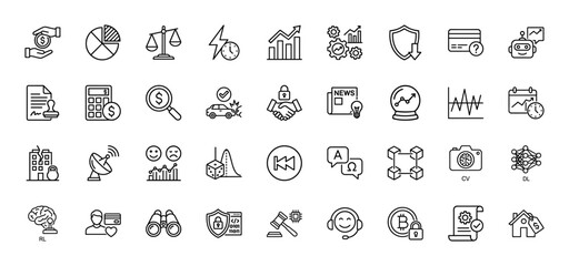 Business and finance line icon set. vector pictograms of investment, data analysis, technology, and legal concepts, thin outline illustration.
