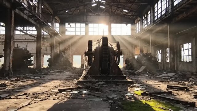 Abandoned Factory Interior with Sunbeams and Debris.
