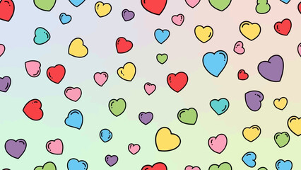 Vibrant seamless pattern of colorful outlined hearts on a soft pastel gradient background, perfect for romantic and cheerful designs