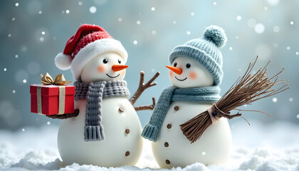 Two adorable snowmen celebrating Christmas with gifts and winter accessories