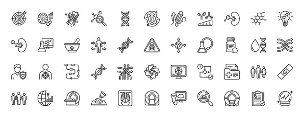 Medical and genetic research line icon set. Vector pictograms of dna, chemistry, diagnostics, and human body, thin outline illustration.