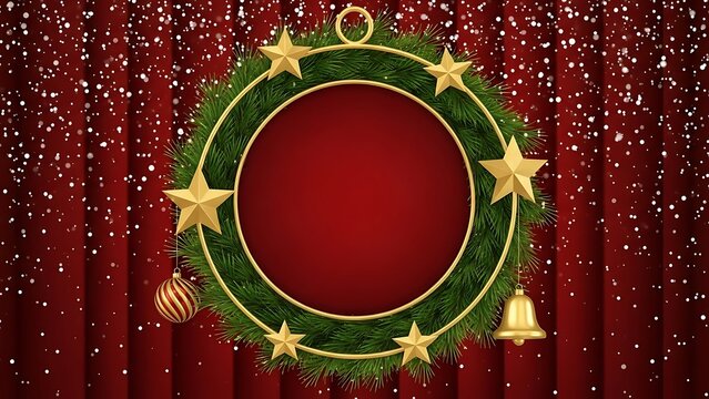 Festive oval christmas wreath with golden stars and ornaments hanging against a sparkling red curtain background