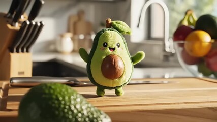 Adorable Animated Avocado Character Toy in a Bright Kitchen.