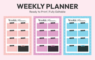 Weekly Planner Template Design. Pastel Weekly Schedule Layout. Printable Planner Page Set. Cute Weekly Organizer Template