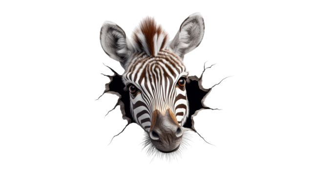 Zebra head emerging from cracked surface on Transparent Background