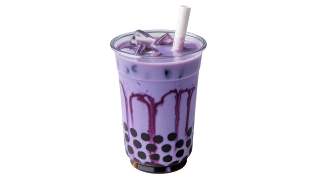 Refreshing purple taro bubble tea with tapioca pearls transparent background