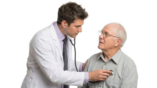 Young doctor using stethoscope examining senior patient's heartbeat isolated transparent background