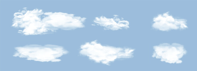 collection of realistic 3D white clouds, featuring fluffy cumulus shapes floating in a bright blue sky. Isolated cloud elements for summer, weather, and nature-themed designs. vector illustration.