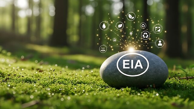 Environmental impact assessment concept eia sphere on grass with sustainability icons representing green policies and ecological responsibility for future generations