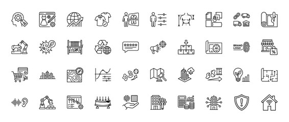 Fototapeta premium Business, e-commerce, and logistics line icon set. Vector pictograms of shopping cart, delivery truck, factory, map, and finance, thin outline illustration.