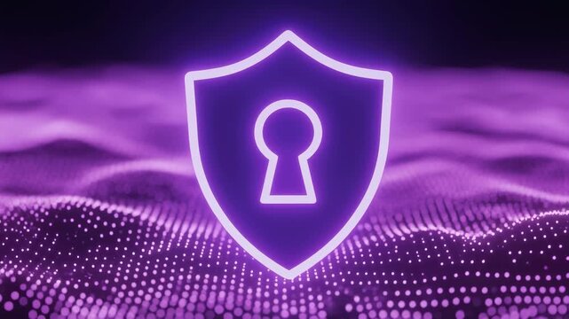 Glowing neon purple security shield with keyhole symbol hovering above an abstract data flow particle wave technology background