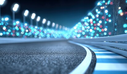 Fototapeta premium Race Track At Night With Street Lights And Blurred Crowd Asphalt Road For Car Racing And Motorsports Events Dark Background