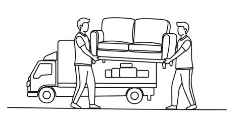 Two movers carrying sofa into delivery truck on white background — ideal for relocation, furniture moving and logistics content.