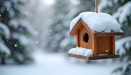 Fototapeta premium Wooden birdhouse covered in snow hanging in a winter wonderland