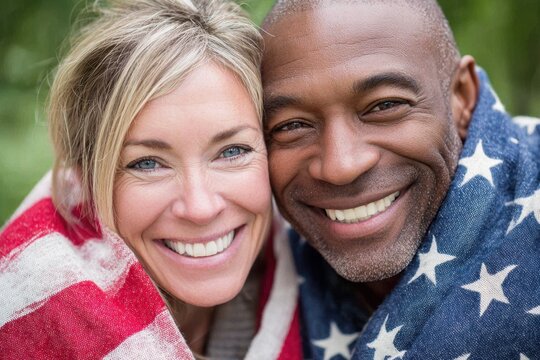 Happy couple embrace wrapped in American flag, celebrating love, unity, and togetherness outdoors - Powered by Adobe
