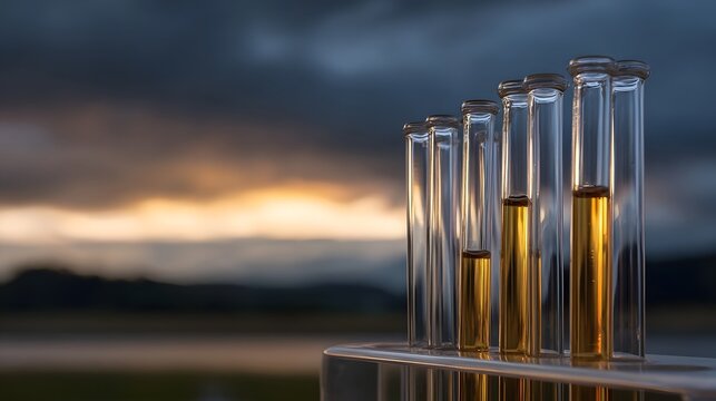 Test tubes with golden liquid arranged in a row against a dramatic sunset sky over water and mountains