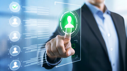 Businessman using a digital interface to select a candidate for a job, human resources and recruitment concept, hiring process