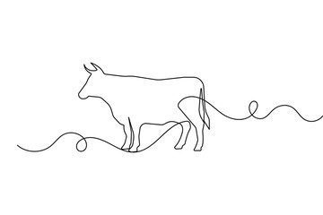 Continuous one line drawing of a cow grazing on a white background minimal vector illustration
