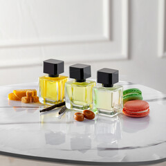 Three glass perfume bottles sit on a round table next to colorful macarons and sweet treats in a well-lit room. The arrangement invites a close look at the scents.